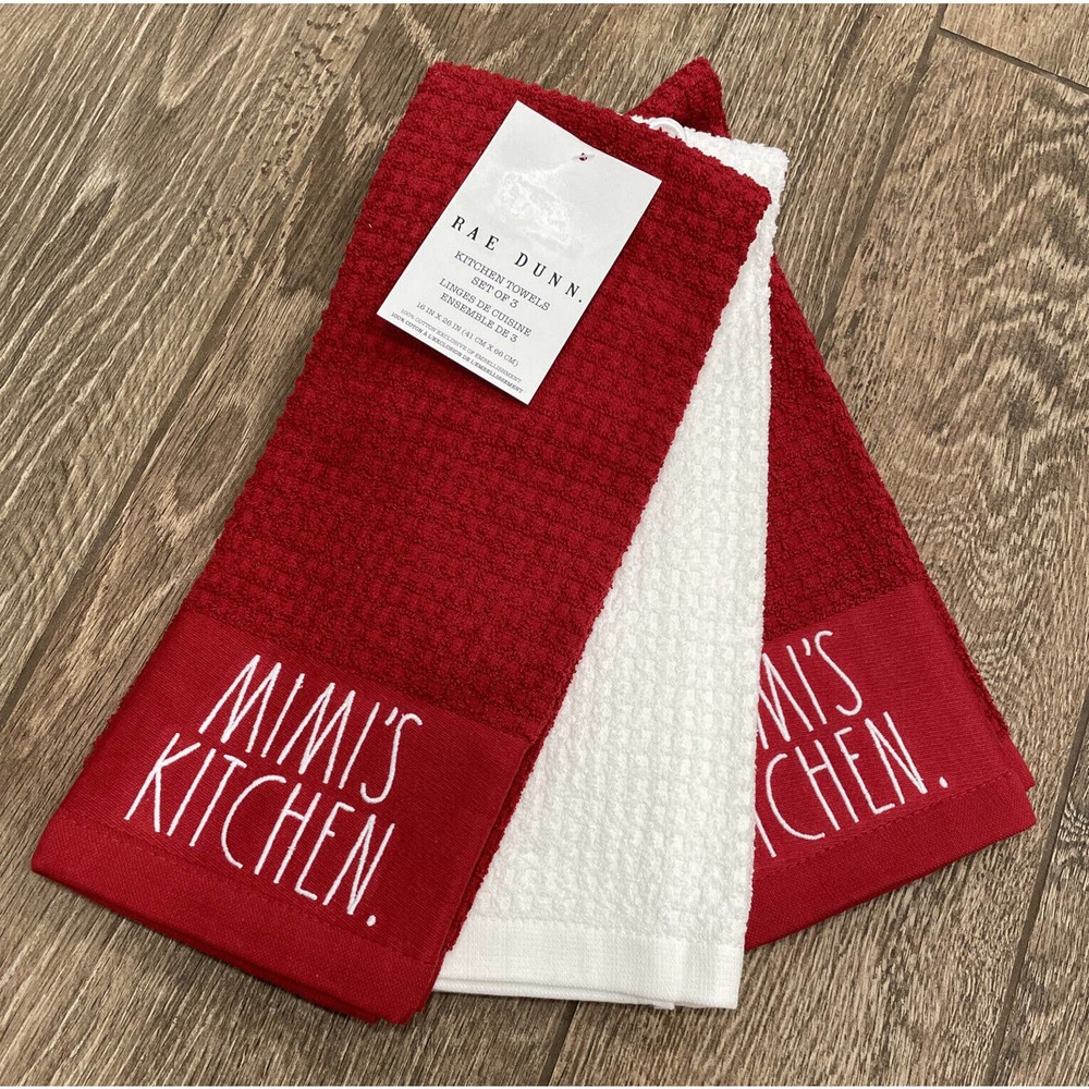 Set 3 MIMI’S KITCHEN Embroidered Rae Dunn Red White Cotton Kitchen Towels NEW
